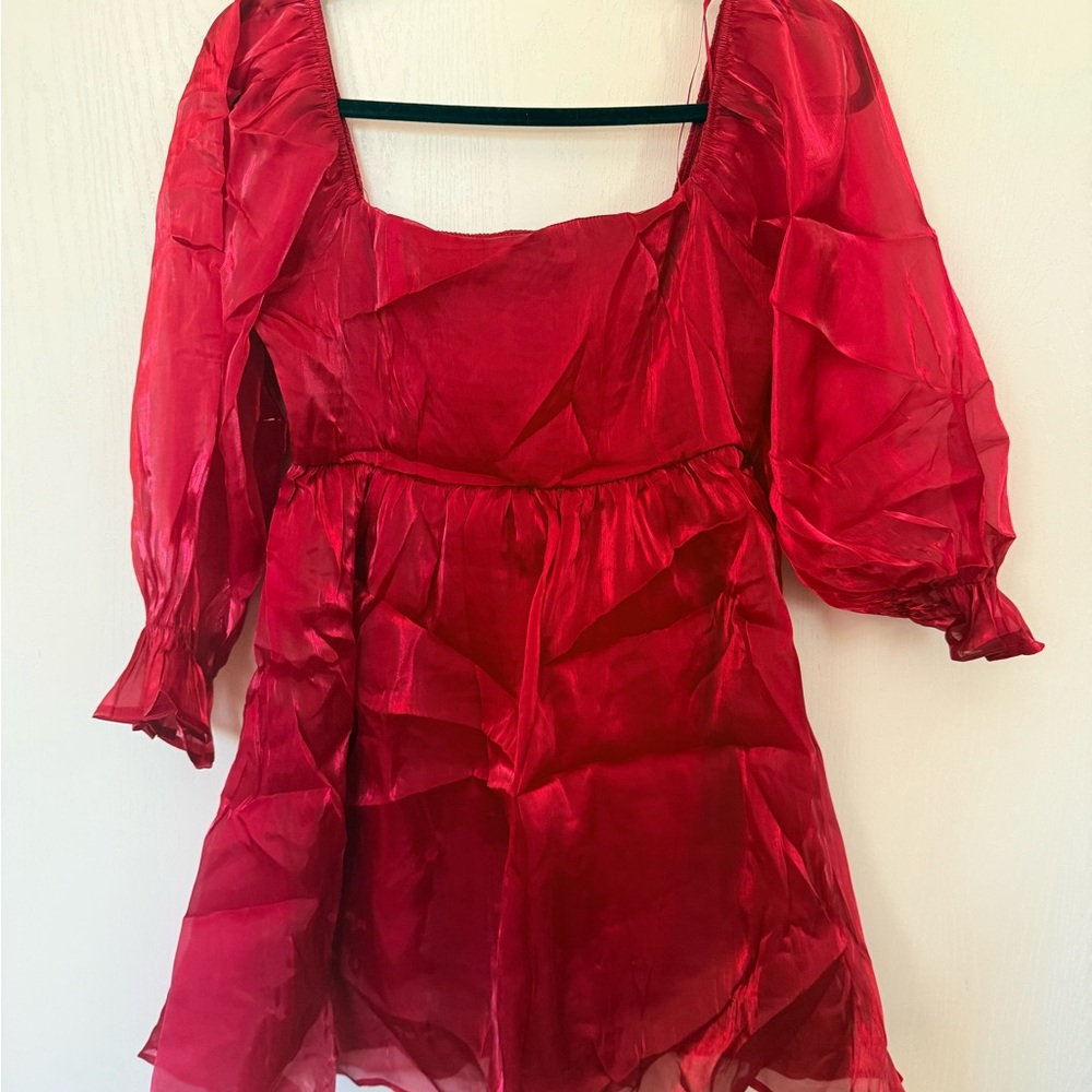 Red Mini Dress with Puff Sleeves - Women